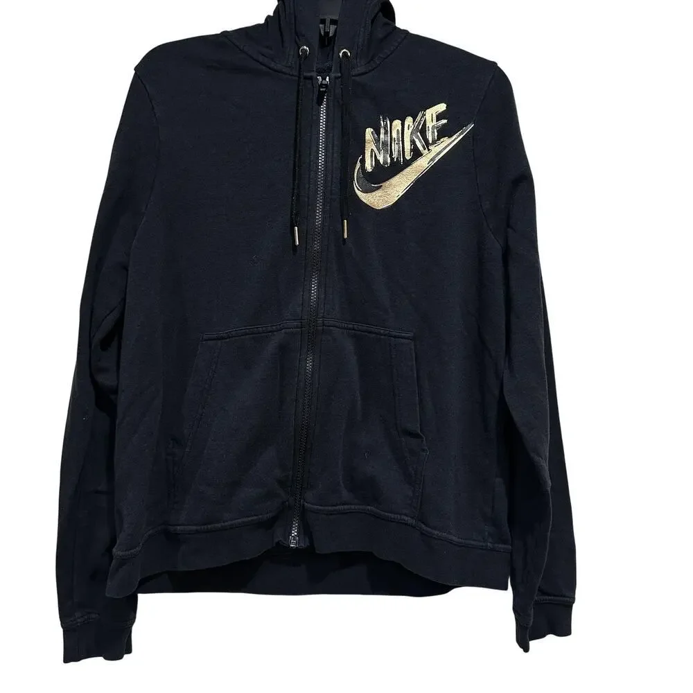 Nike Hoodie Womens Large Dark Gray Full Zip Metallic Gold Swoosh 936957-010
